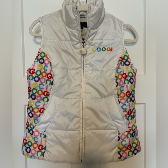 COOGI Jackets & Blazers - Coogi white‎ polyester puffer ski vest size Medium colorful logo design